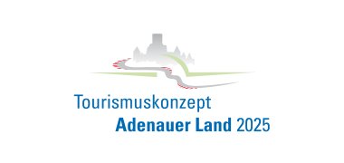 Logo mit dem Schriftzug Tourismuskonzept Adenauer Land 2025 darüber die Silhouette  Burgruine Nürburg mit der in rot angedeuteten Rennstrecke Nürburgring