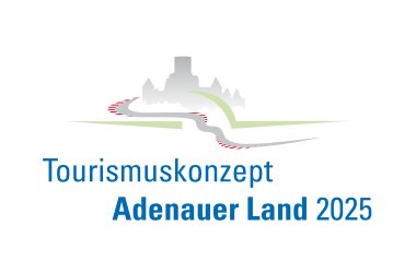 Logo mit dem Schriftzug Tourismuskonzept Adenauer Land 2025 darüber die Silhouette  Burgruine Nürburg mit der in rot angedeuteten Rennstrecke Nürburgring